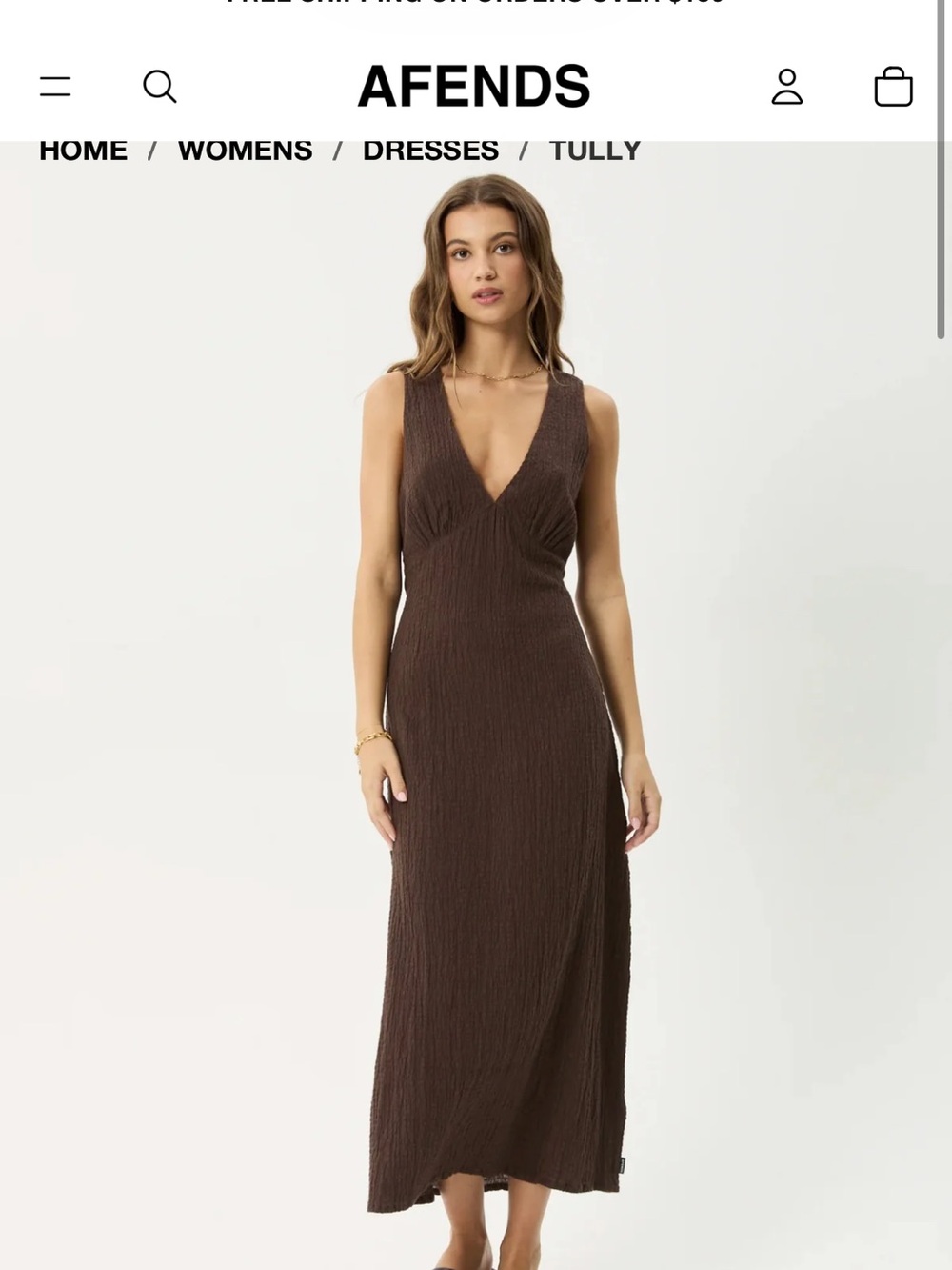 Afends Brown Ribbed V-Neck Maxi Dress